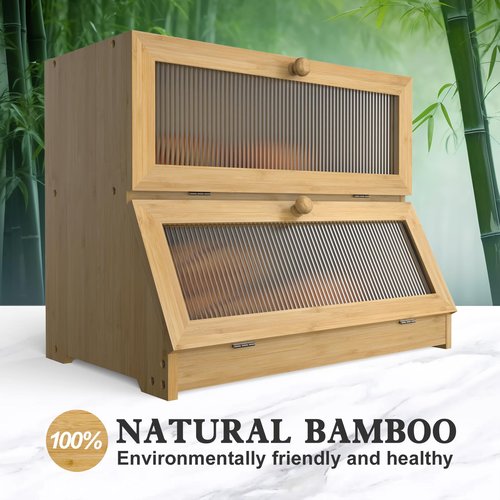 LOHASOK Bamboo Bread Box for Kitchen Countertop, Double Layer Large Bread Storage Container for Homemade Bread with Window & Lid, Bread Keeper Holder,Wood Color