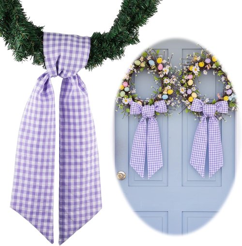 Elegant Wreath Sash by [Brand Name] - Purple White Checkered Plaid Bow Ribbon Bundle | 2 Pack (5.12" x 54.33") for Easter & Spring Decor
