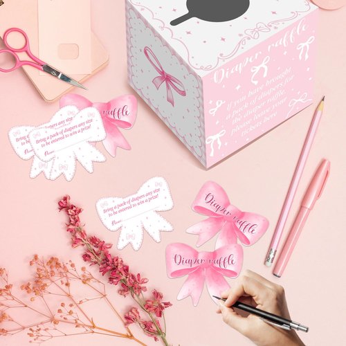 Pink Bow Baby Shower Decorations, Diaper Raffle Box for Baby Shower with 50PCS Cards Kids' Party Banners Game for Girl, Pink Bow Baby Shower Decorations Baby Shower Raffle Tickets
