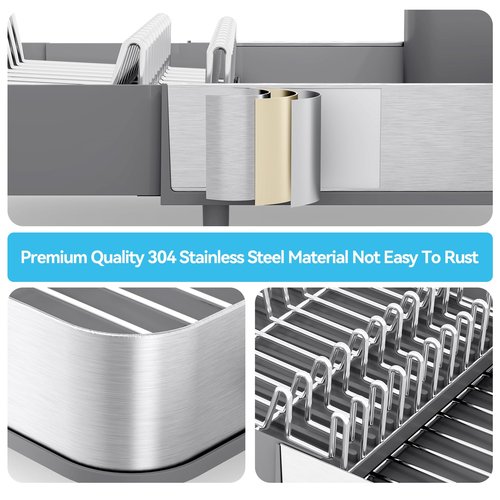 Urackify Dish Drying Rack, 304 Stainless Steel Dish Drainer with Removable Utensil Holder & Drain Board, Rustproof Space-Saving Dish Rack for Kitchen Countertop, Grey
