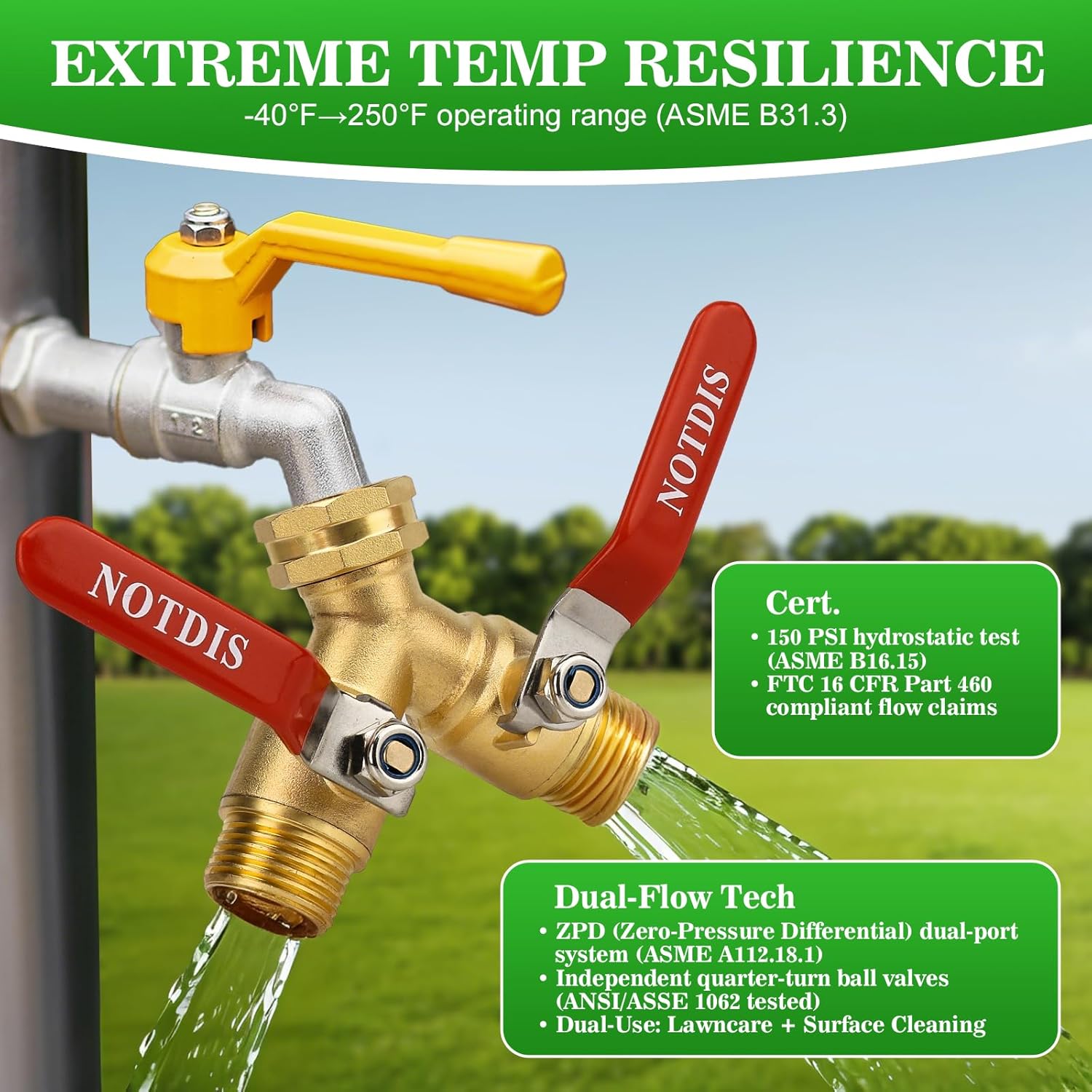 Brass Hose Splitter by [Brand Name] - Heavy Duty 2-Way Connector with 304 Stainless Steel Handle | 3/4 Inch GHT Thread