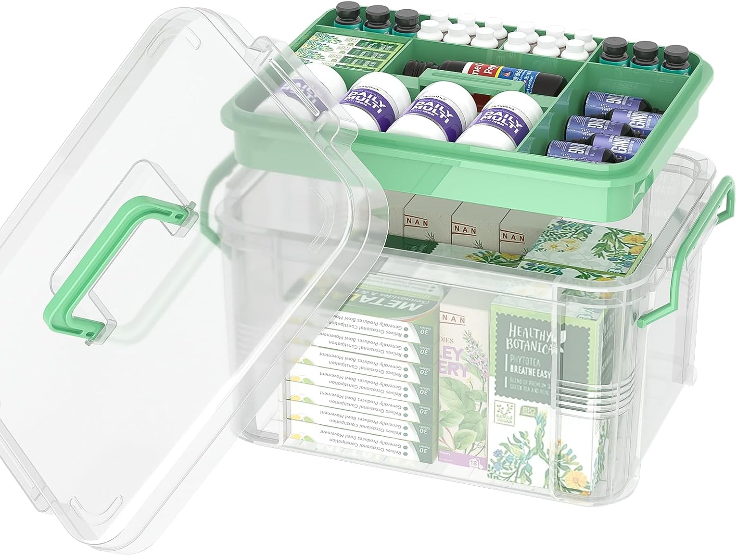 NZYNZY Clear Medicine Organizer - Thickened Plastic Storage Box with Tray & Handles | 15qt Capacity