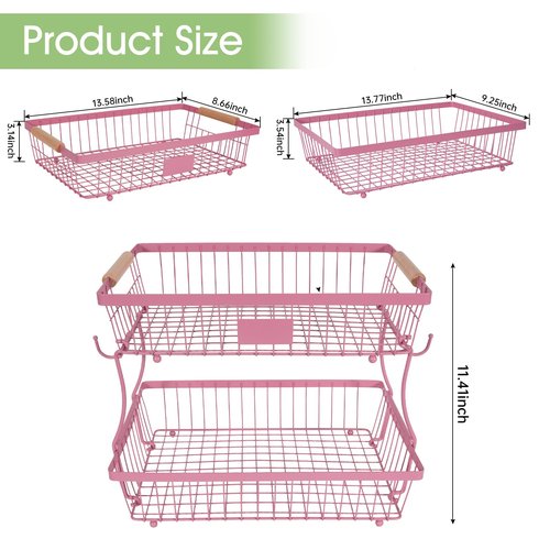 Lawhood-Mijin Fruit Basket Bowl 2 Tier Detachable with 2 Banana Hangers, Fruit Stand Holder for Kitchen Countertop, Metal Wire Vegetable Storage Organizer, for Bread Snack Veggies Produce, pink