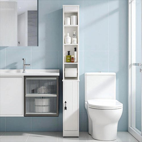 VECELO 71" Tall Bathroom Storage Cabinet, Narrow Storage Cabinet with Adjustable Shelves, Toilet Paper Rod and Magnetic Door, Freestanding Slim Bathroom Storage Cabinets for Small Space, White