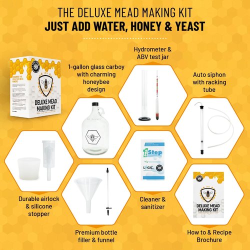 Complete Mead Making Kit for Beginners – Home Brewing Starter Kit – Includes 1 Gallon Glass Jug Carboy - Alcohol Hydrometer for Alcohol Test – Auto Siphon – Airlock – How to Guide and More