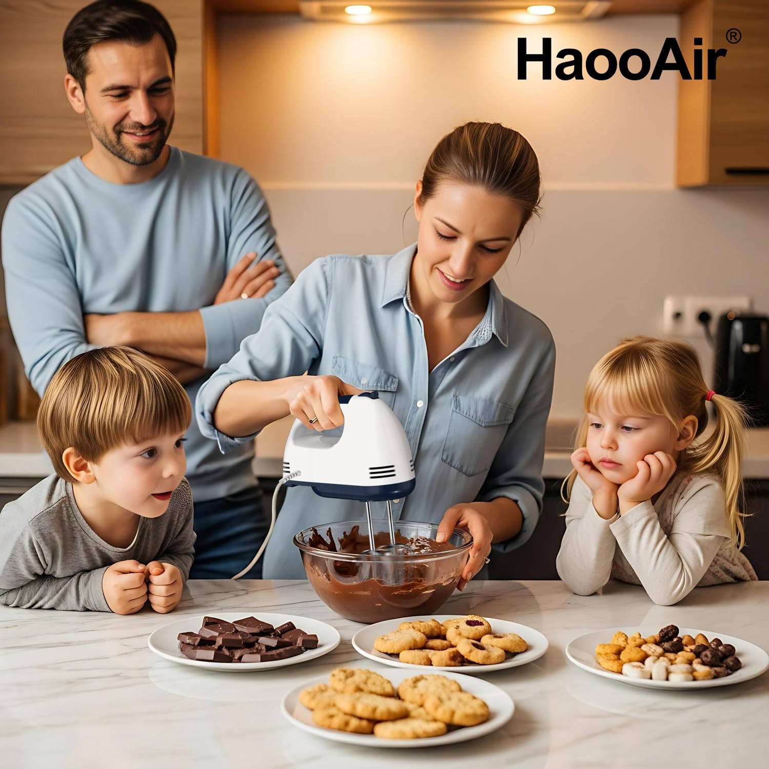 HaooAir Electric Handheld Mixer, 7-Speed Adjustable Kitchen Mixer, 5 Stainless Steel Accessories (2 * Dough Hooks, 2 * Beaters, 1 * Whisk), Perfect for Kitchen and Baking Food Mixers, White