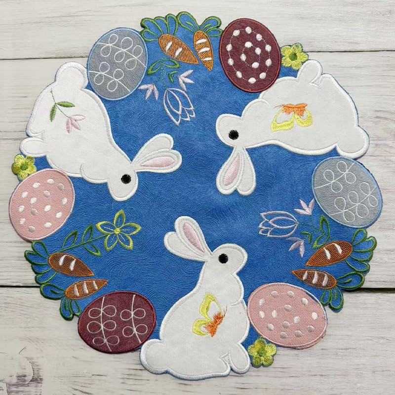 OVOY Easter Placemats Set of 2 - 13.77 Inch Round Embroidered Bunny Table Mats