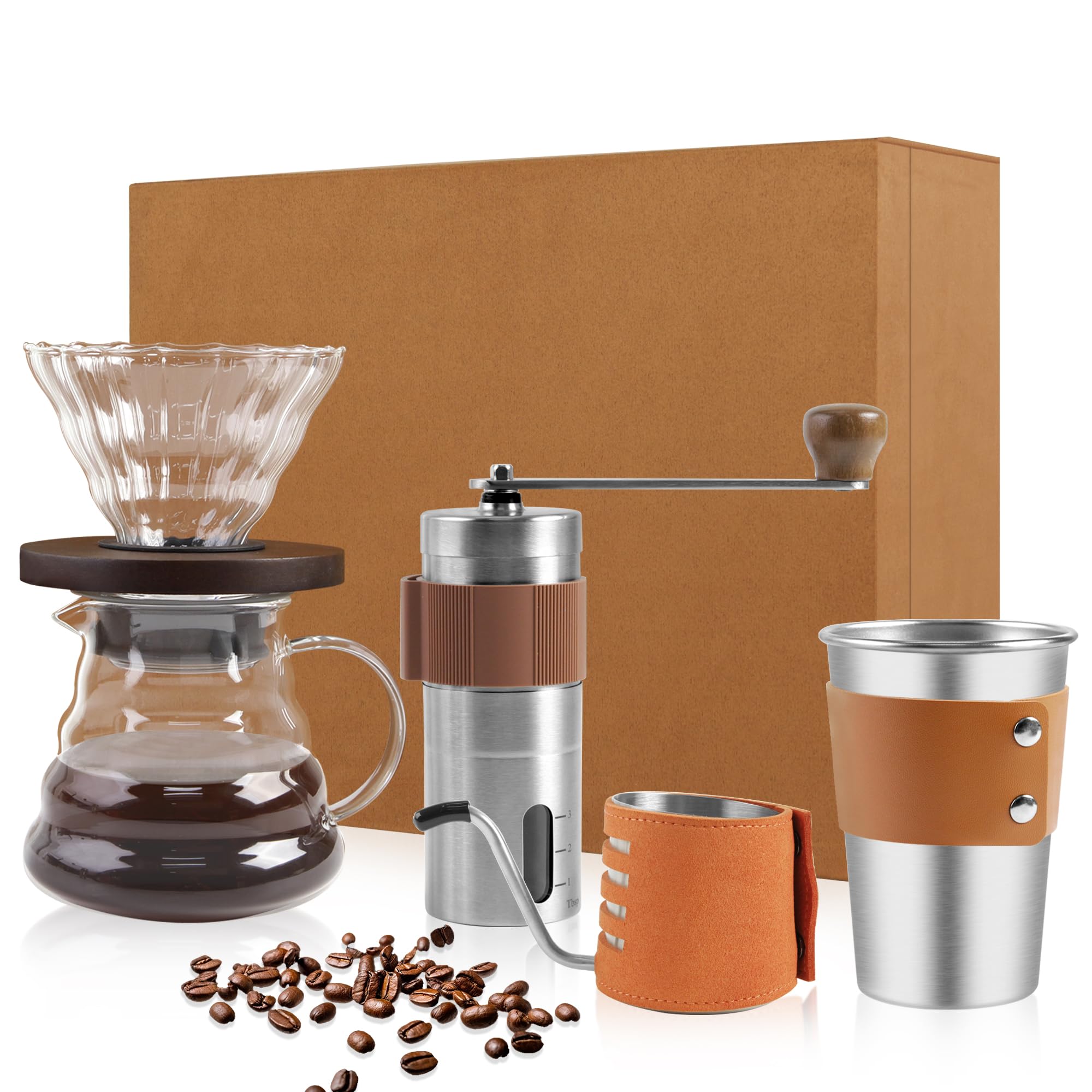 LHS Pour Over Coffee Maker Set - All in One Pour Over Coffee Kit, Travel Pour Over Coffee Dripper, Manual Coffee Maker Set Grinder Brewer Dripper and Cup Set, Anniversary Birthday Gift Sets