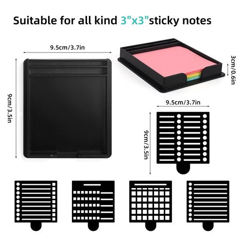 JANLOVE Sticky Note Holder Compatible with Post It Notes, 3x3 Sticky Note Stencil Dispenser with Template, Memo Pad Organizer with Five Line Box Drawing Template for Home and Office
