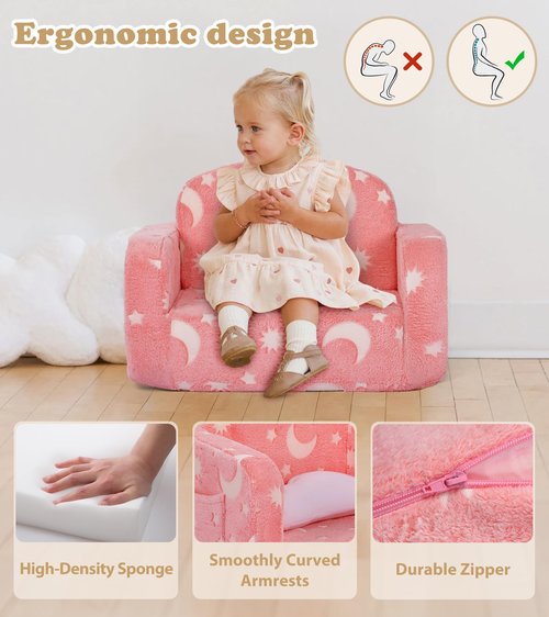Kids Couch, 2-in-1 Soft Toddler Couch Fold Out with Blanket and Cloud Pillow, Glow in The Dark, Convertible Sofa, Gifts for Kids Girl Boys, Medium Pink Moon