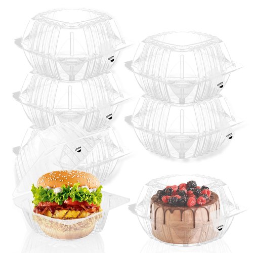 Hokimder 200 Pack Clear Clamshell Food Containers, Disposable Food Containers with Lids, 6 x 6 Inch Hinged Plastic To Go Containers for Dessert, Cake, Salad, Bakery Supplies - With sealing sticker