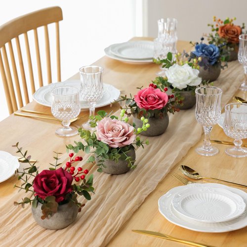 mizii DIY Small Artificial Flowers Potted Kit Fake Flower Realistic Silk Rose and Greenery with Vase for Gifts Table Centerpiece Mantle Office Desk Shelves Living Room Decorations (Navy Blue)