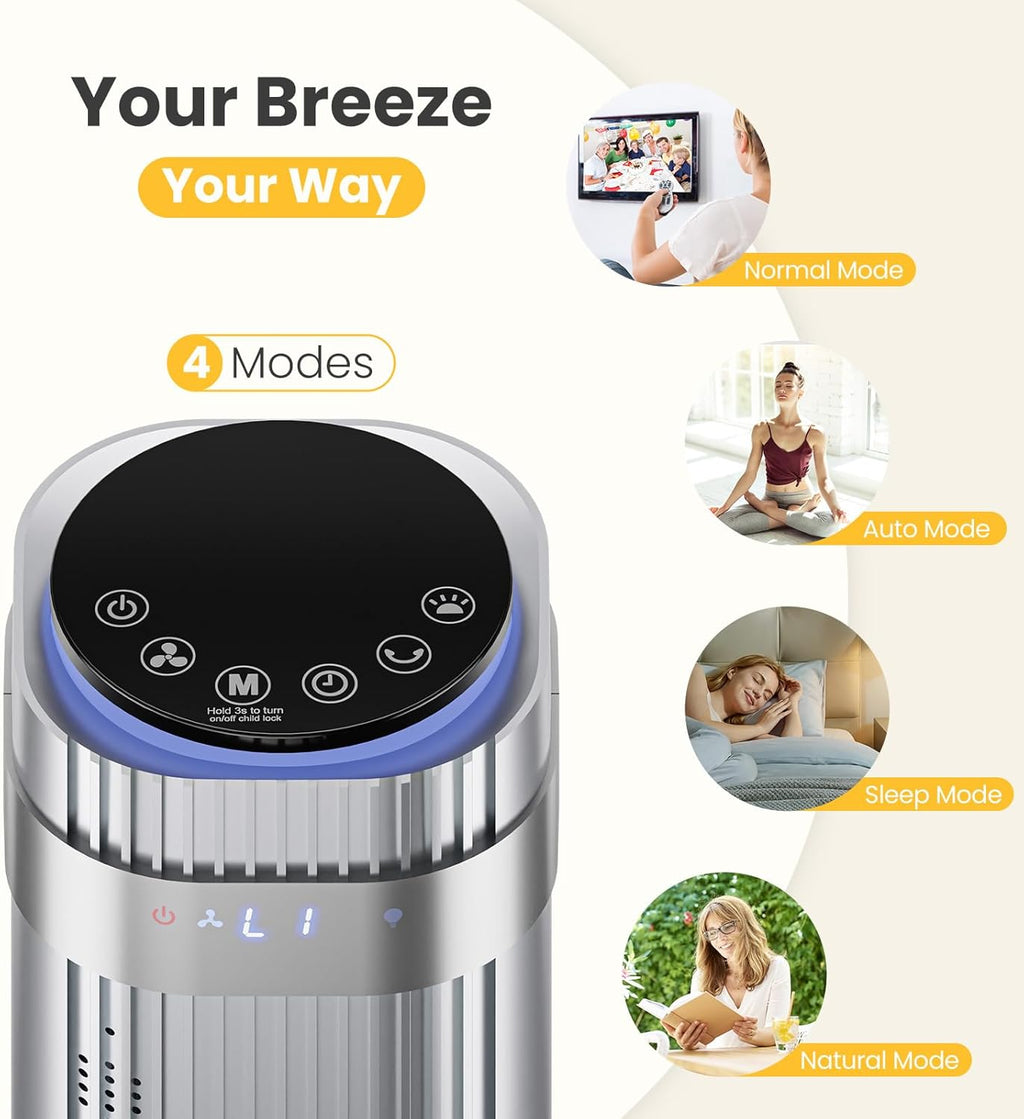 NEWBULIG Bladeless Tower Fan - Oscillating Design with Remote, 5 Speeds, 28dB Quiet Operation, Silver