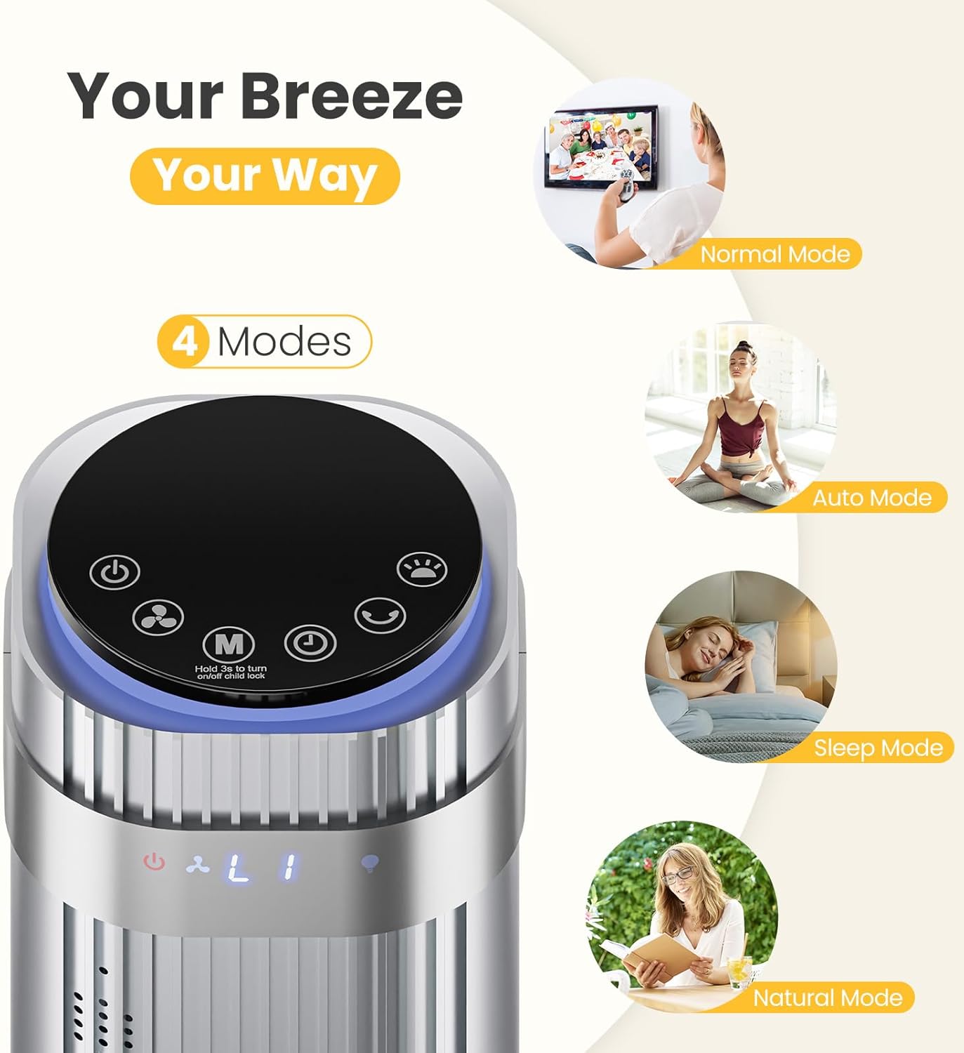 NEWBULIG Bladeless Tower Fan - Oscillating Design with Remote, 5 Speeds, 28dB Quiet Operation, Silver