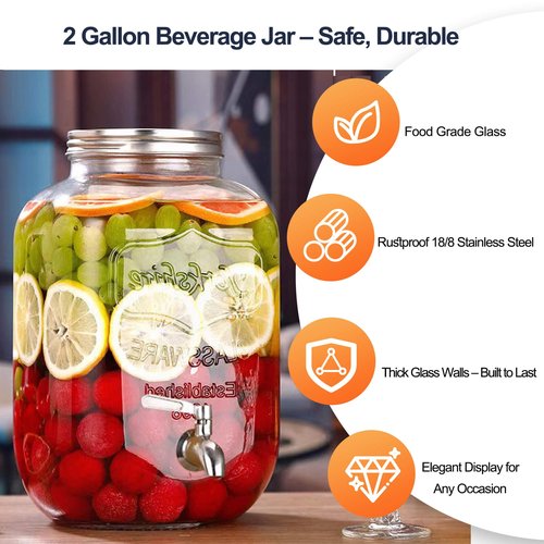 2 Gallon Drink Dispensers for Parties, 2 Pack Beverage Dispensers with Stand, Glass Water Jug Dispenser, with 18/8 Stainless Steel Spigot, Great for Party, Wedding, Picnic, BBQ