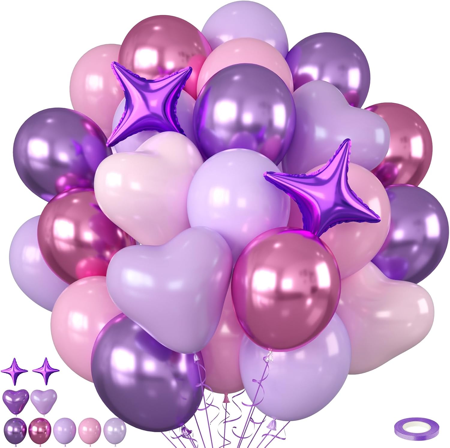 Skiennix Pink & Purple Balloons - 50pcs Macaron Heart Latex & Foil Balloons for Parties & Celebrations