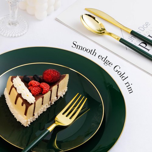 Bestluck 100 PCS Green Gold Plastic Plates, 7 inch Green Disposable Plates for Party, Disposable Dessert Plates for Party, Graduation, Birthday, Wedding