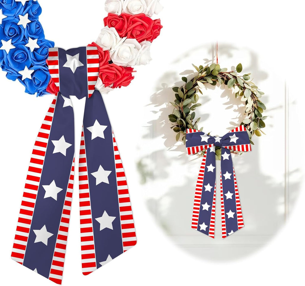 Patriotic 4th of July Wreath Sash by [Brand Name] - 4.5" x 56" Red & Blue Satin Ribbon with Stars & Stripes