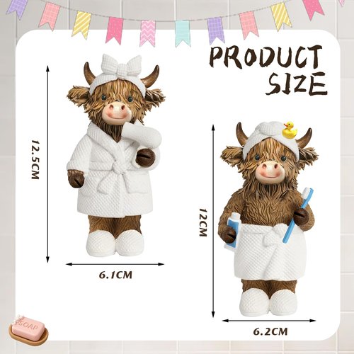 Burbell 2 Pcs Highland Cow Bathroom Figurine Bathroom Highland Cow Decor Gnomes Bath Decor Scottish Resin Statue Calf Lovers Gifts for Farmhouse Home Garden Kitchen Office Tiered Tray Table Decoration