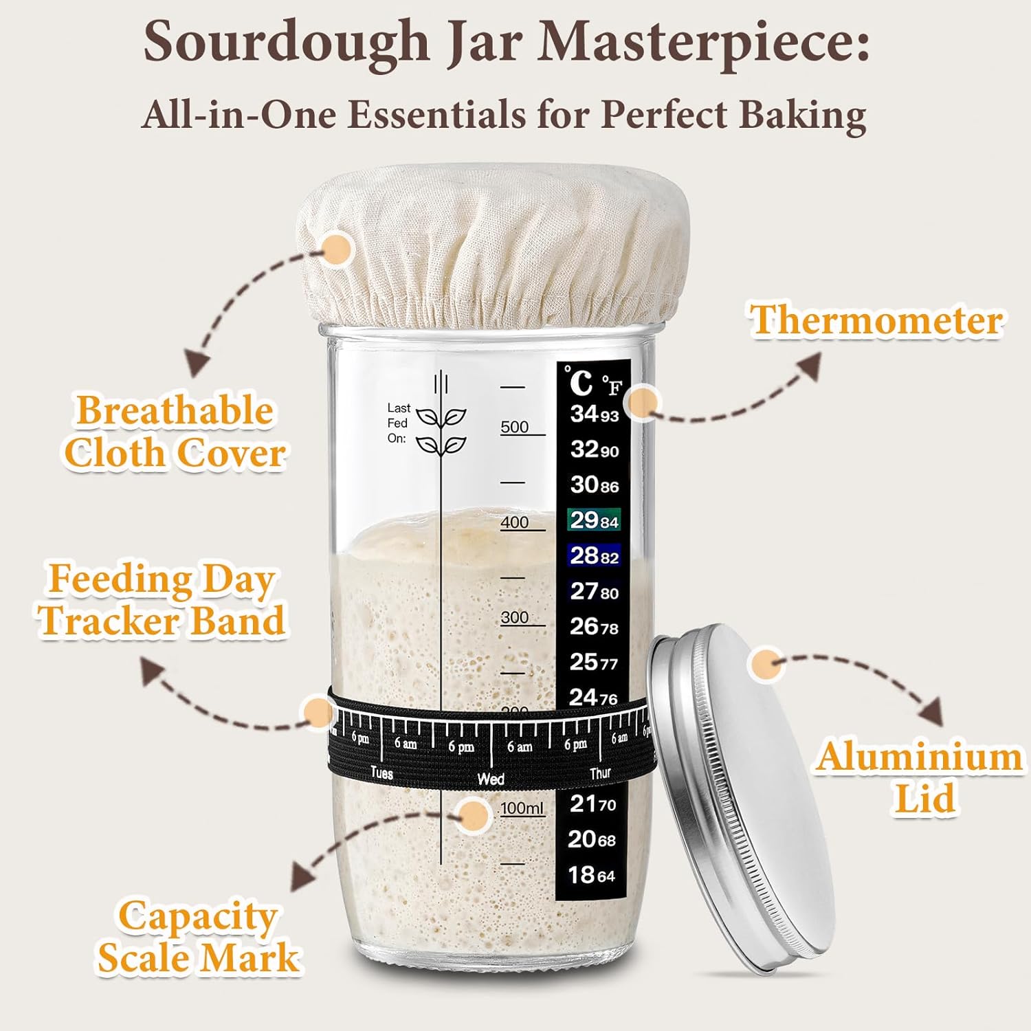 Skiennix Glass Sourdough Starter Jar Kit - 24 oz Wide Mouth with Date Marked Band & Thermometer