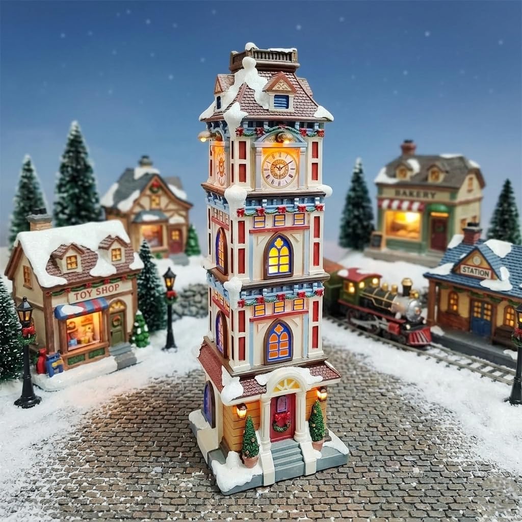 Moments In Time Lighted Christmas Clock Tower - 14.5” Hand-Painted Polyresin Holiday Décor