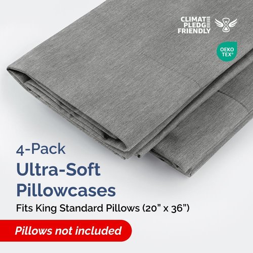 King Standard Pillow Cases - Soft Hotel Quality Covers for Comfy Bedding | Set of 4 in Heathered Grey