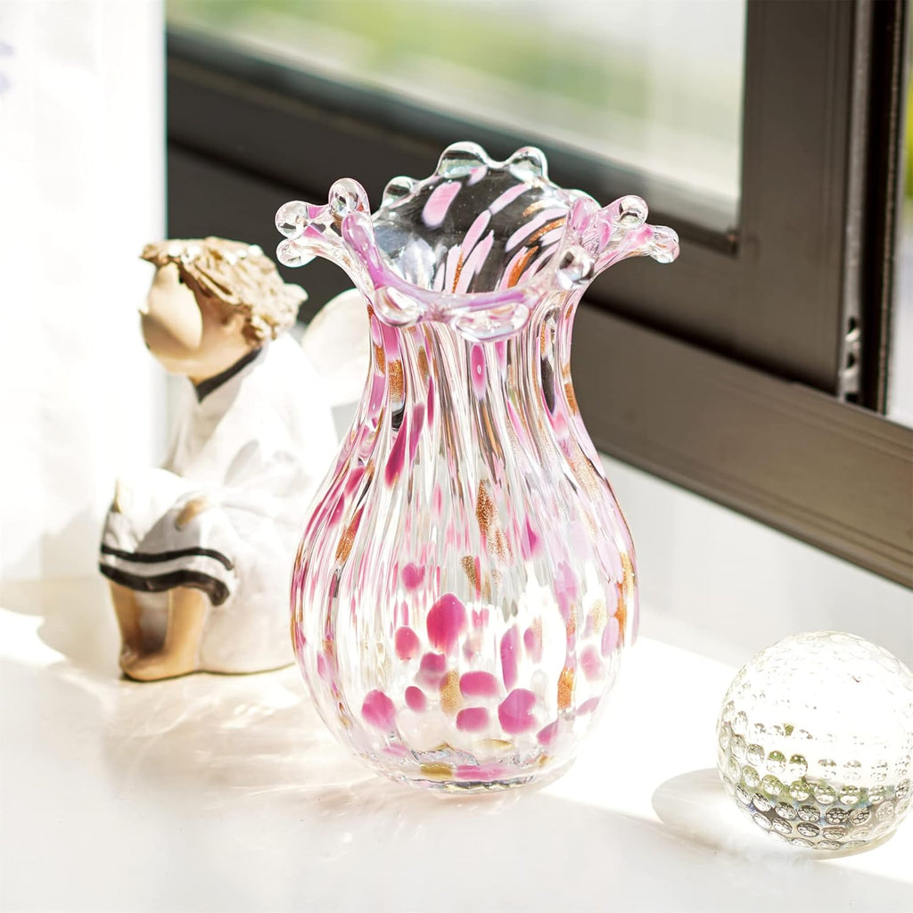 QFkris Handblown Glass Vase - Modern Pink Petal Flower Vase for Home Decor | 8.5 Inch Tall Centerpiece