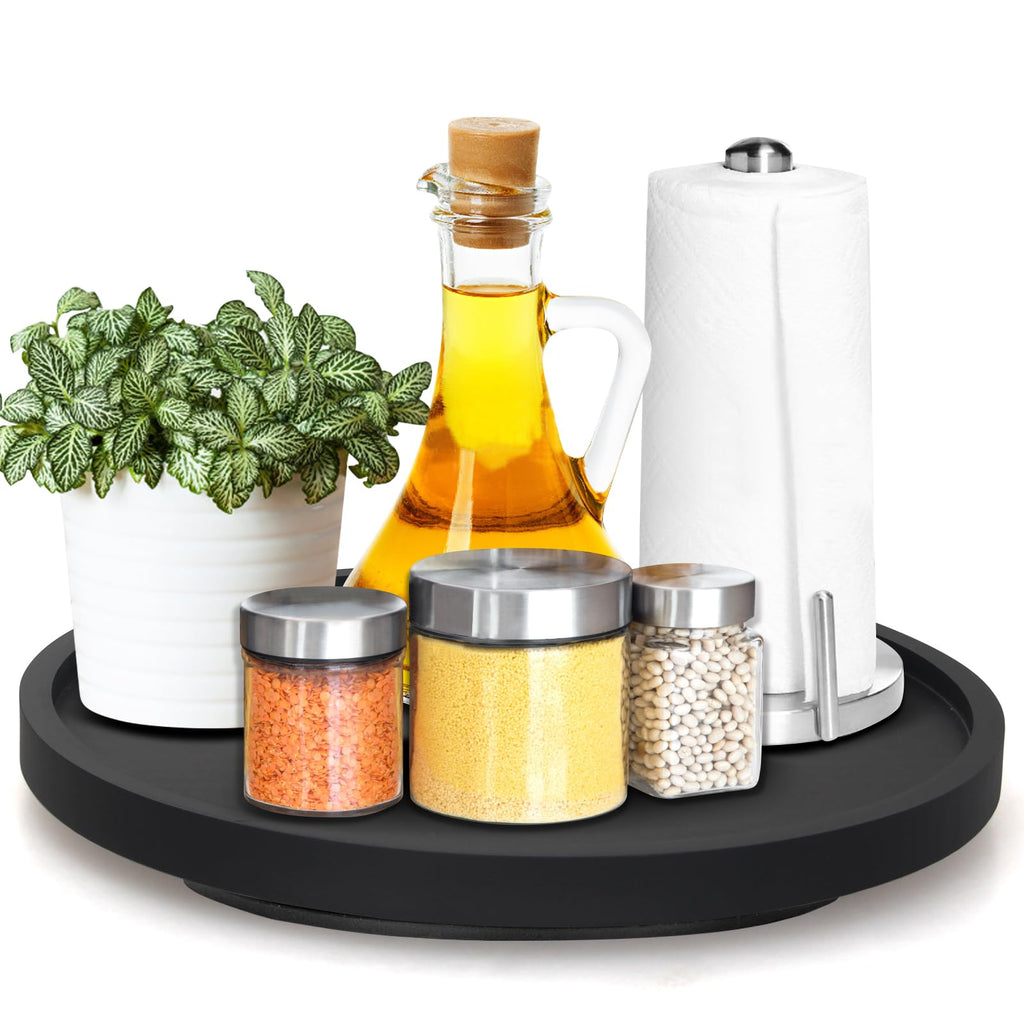 Black Wooden Lazy Susan Turntable Organizer Cabinet Round Bathroom Vanity Rotating Tray 10" Small Lazy Susans for Dining Table Top Kitchen Countertop Decor Tray Wood Lazy Susan Coffee Bar Accessories