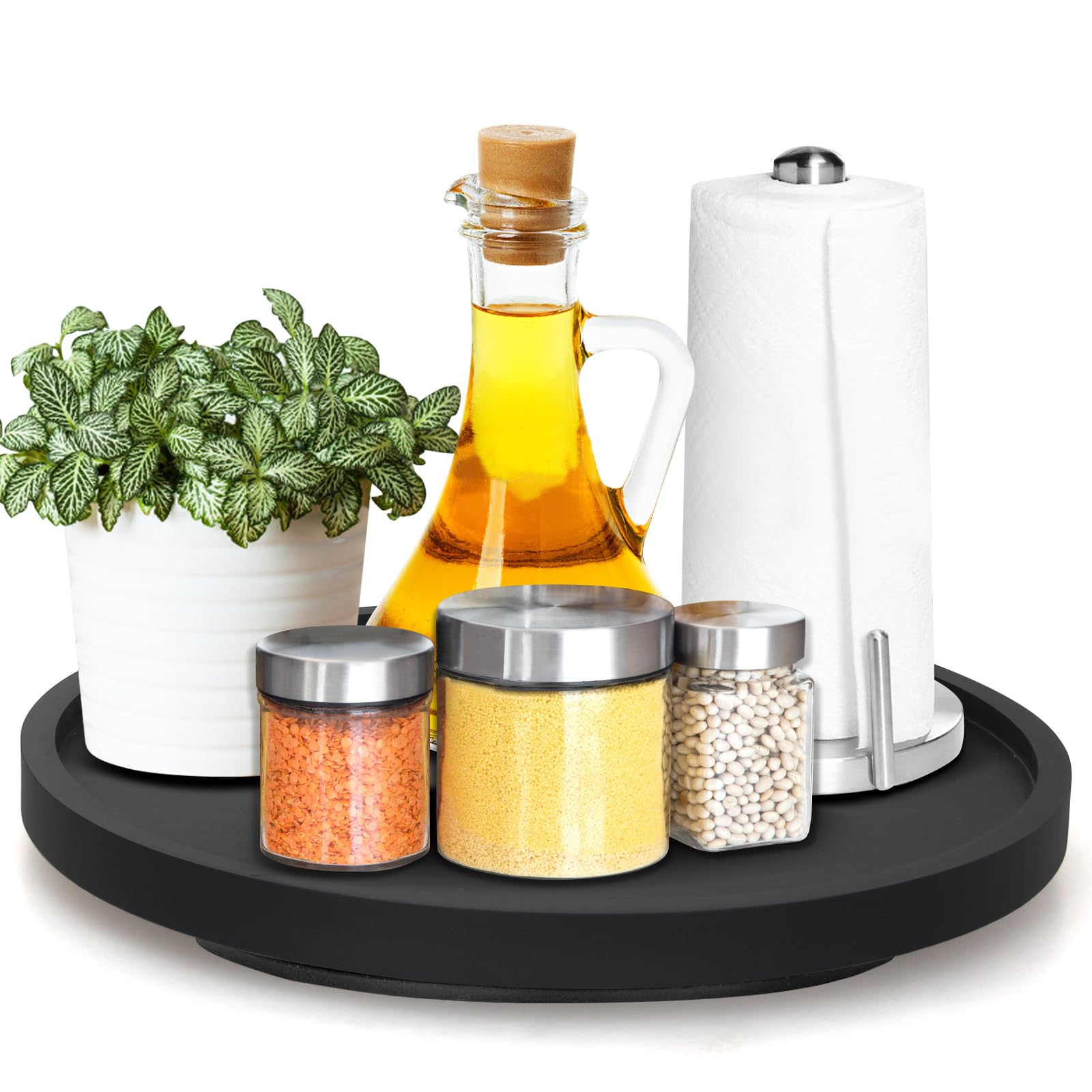Black Wooden Lazy Susan Turntable Organizer Cabinet Round Bathroom Vanity Rotating Tray 10" Small Lazy Susans for Dining Table Top Kitchen Countertop Decor Tray Wood Lazy Susan Coffee Bar Accessories