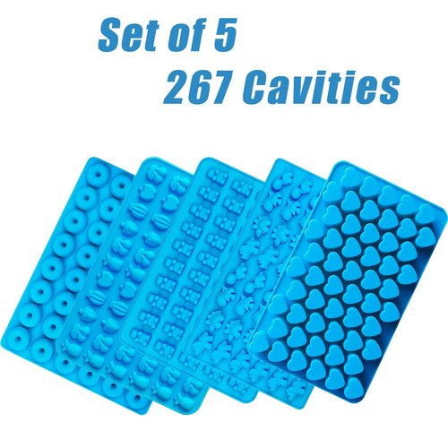 5 PCS Silicone Gummy Molds, Food Grade Non-Stick Candy & Chocolate Mold Fruit Snack Molds BPA-Free with 2 Droppers Including Mini Dinosaur, Bear, Heart, Fruit, and Donut (Blue)
