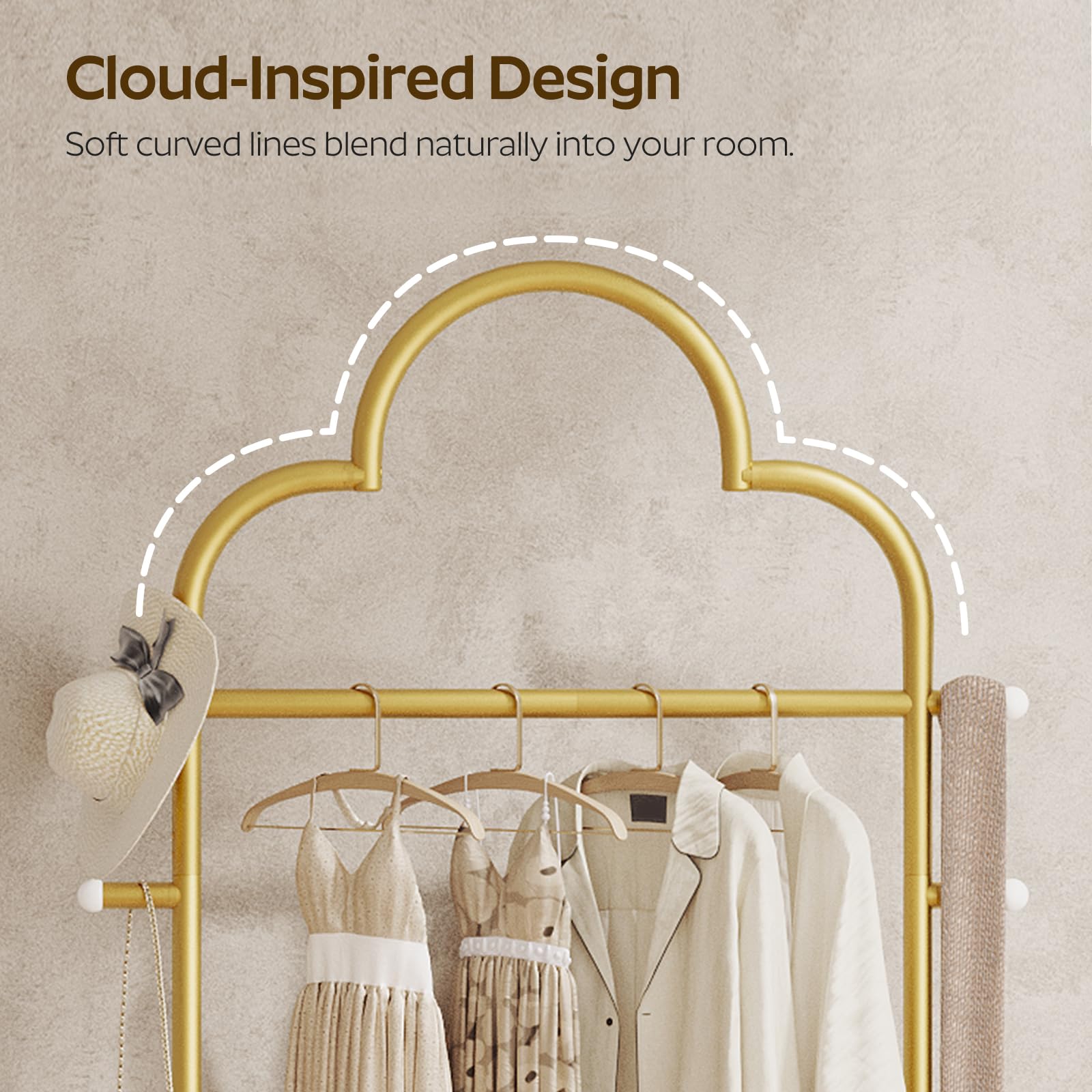 YATINEY Coat Rack Freestanding, Heavy Duty Clothes Rack with 4 Hooks, Metal Coat Hanger Stand with Stable Base, Gold Clothing Rack for Entryway, Bedroom, Office, Gold and Marble White YM04DM