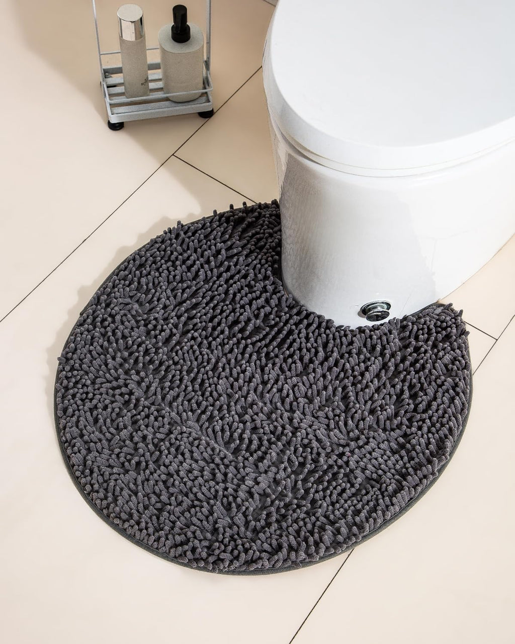 Puniamol Soft Shaggy Round Toilet Rug U Shaped for Bathroom, Excellent Absorbent Contour Toilet Mat Machine Washable, Non-Slip Microfiber Chenille Bathroom Rugs 24" Dark Grey