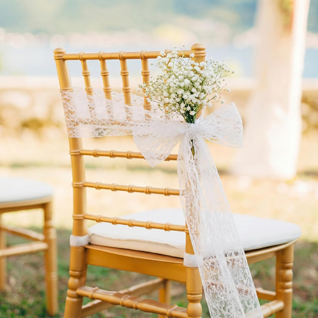 Moukeren White Lace Chair Sashes - 24 Sets with Artificial Baby's Breath | 8.2ft Wedding Aisle Decor