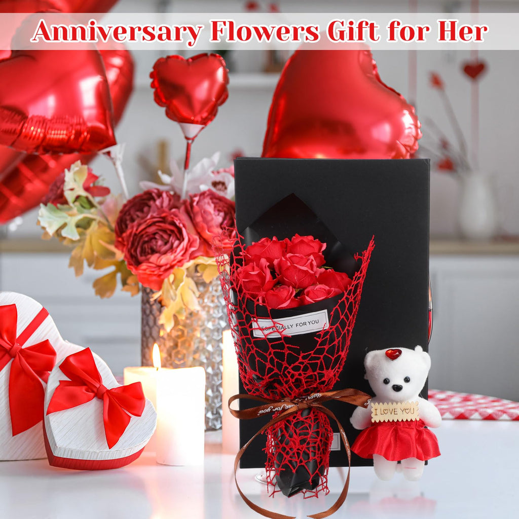 Reallnaive 9 Pcs Valentine's Day Gifts for Her, Anniversary Birthday Gifts for Wife, Gift for Women Set Includes Tumbler Artificial Flower Bouquet Keychain Necklace Bracelet Tote Bag Sock Card(Red)