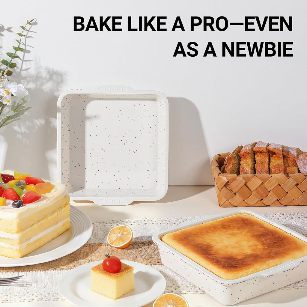 SJ Silicone Square Cake Pan Set - 8 x 8 Inch Nonstick Molds with Metal Reinforced Frame | BPA Free for Cakes, Brownies, and More