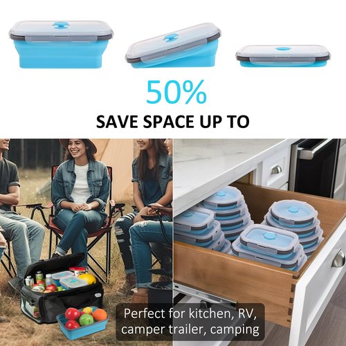 Annaklin Collapsible Food Storage Containers with Lid & Air Vent, 16 Pack, 8 Rectangular + 8 Round, Foldable Silicone Lunch Containers Collapsible Bowls Set, Microwave Freezer Dishwasher Safe, Blue