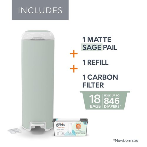 Diaper Genie Platinum Pail - Durable Stainless Steel | Sage Green with 1 Easy Roll Refill & 18 Bags