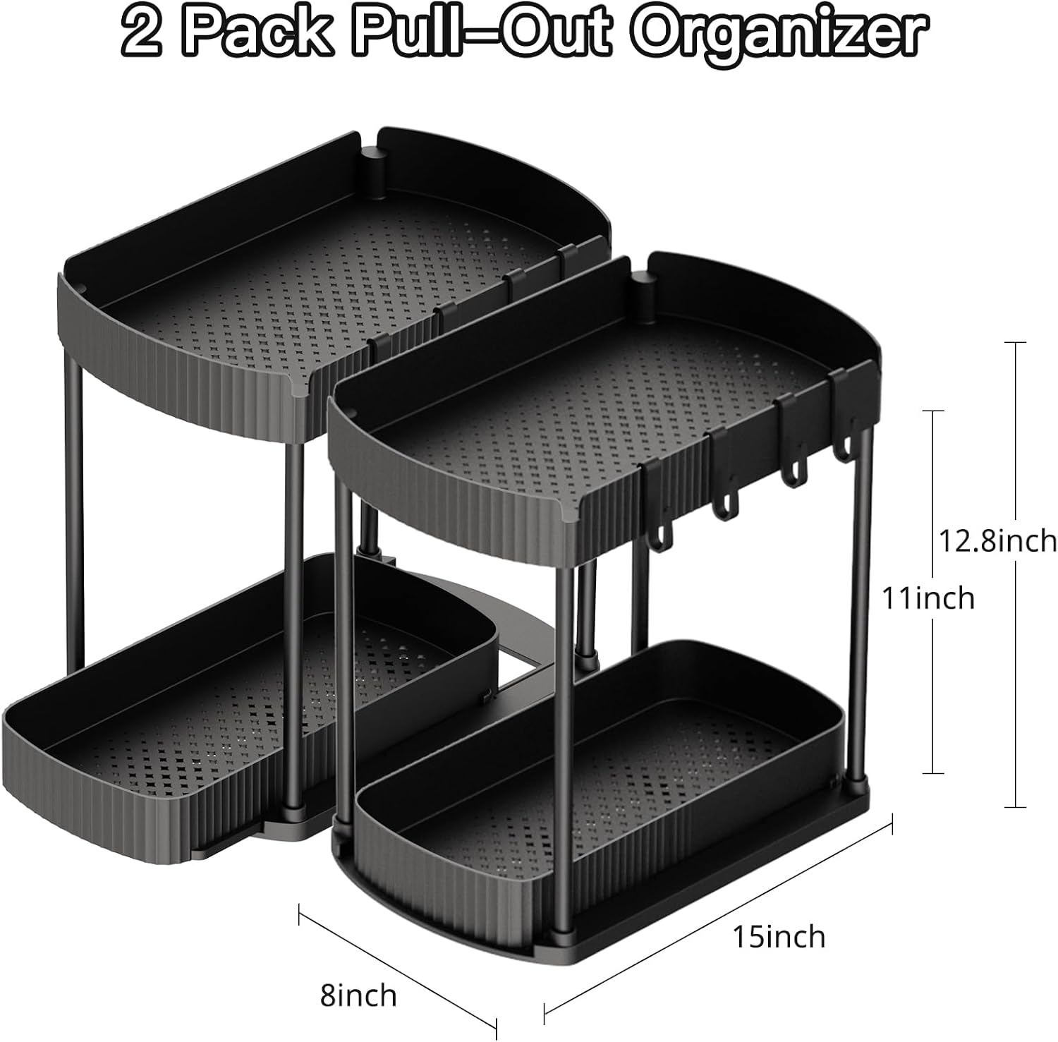 Ukeetap Multi-Purpose Pull-Out Storage Organizers - Under Sink & Cabinet Storage for Bathroom & Kitchen | Black, 12.8 Inches, 2 Packs