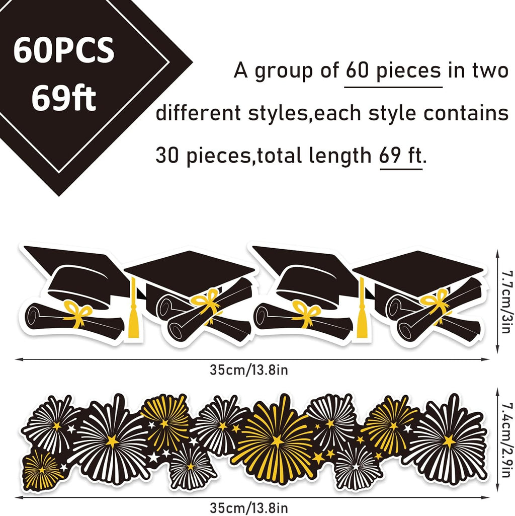 Whaline Graduation Bulletin Board Border - Firework & Cap Design | 69Ft Black, Gold & White Decor