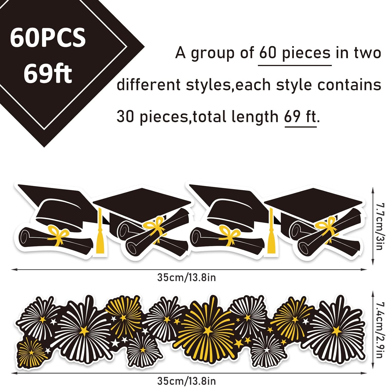 Whaline Graduation Bulletin Board Border - Firework & Cap Design | 69Ft Black, Gold & White Decor