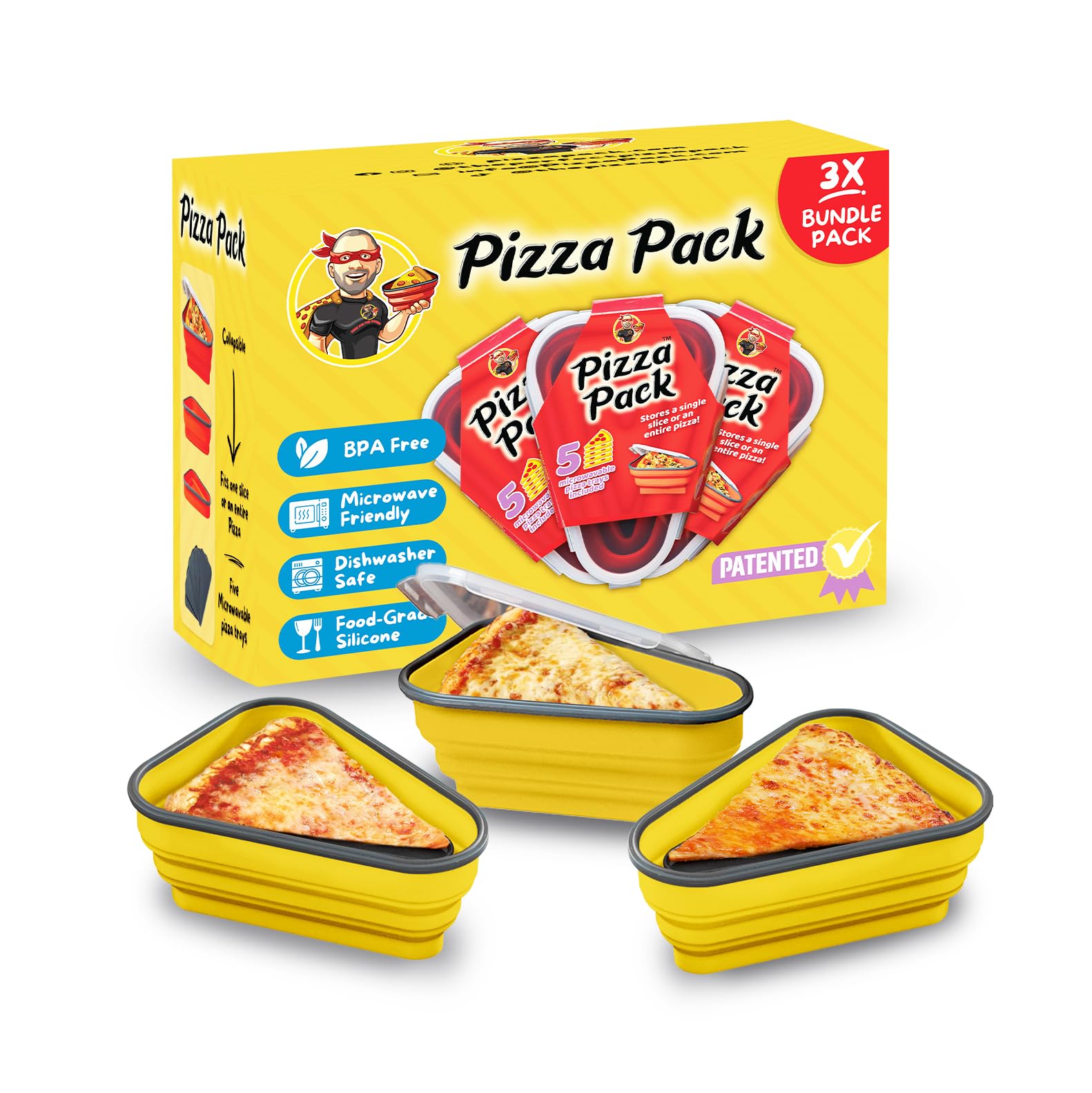 PIZZA PACK The Perfect Reusable Pizza Storage Container with 5 Microwavable Serving Trays - BPA-Free Adjustable Pizza Slice Container to Organize & Save Space, 3 Pack, Yellow