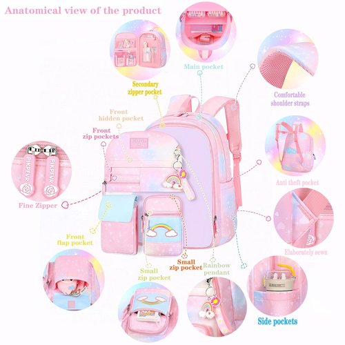 Jcobvig 3Pcs Kids Backpack For Girls,Cute Rainbow Student School Backpack With Lunch Bag Pen Bag Set (Purple Large 17.5in