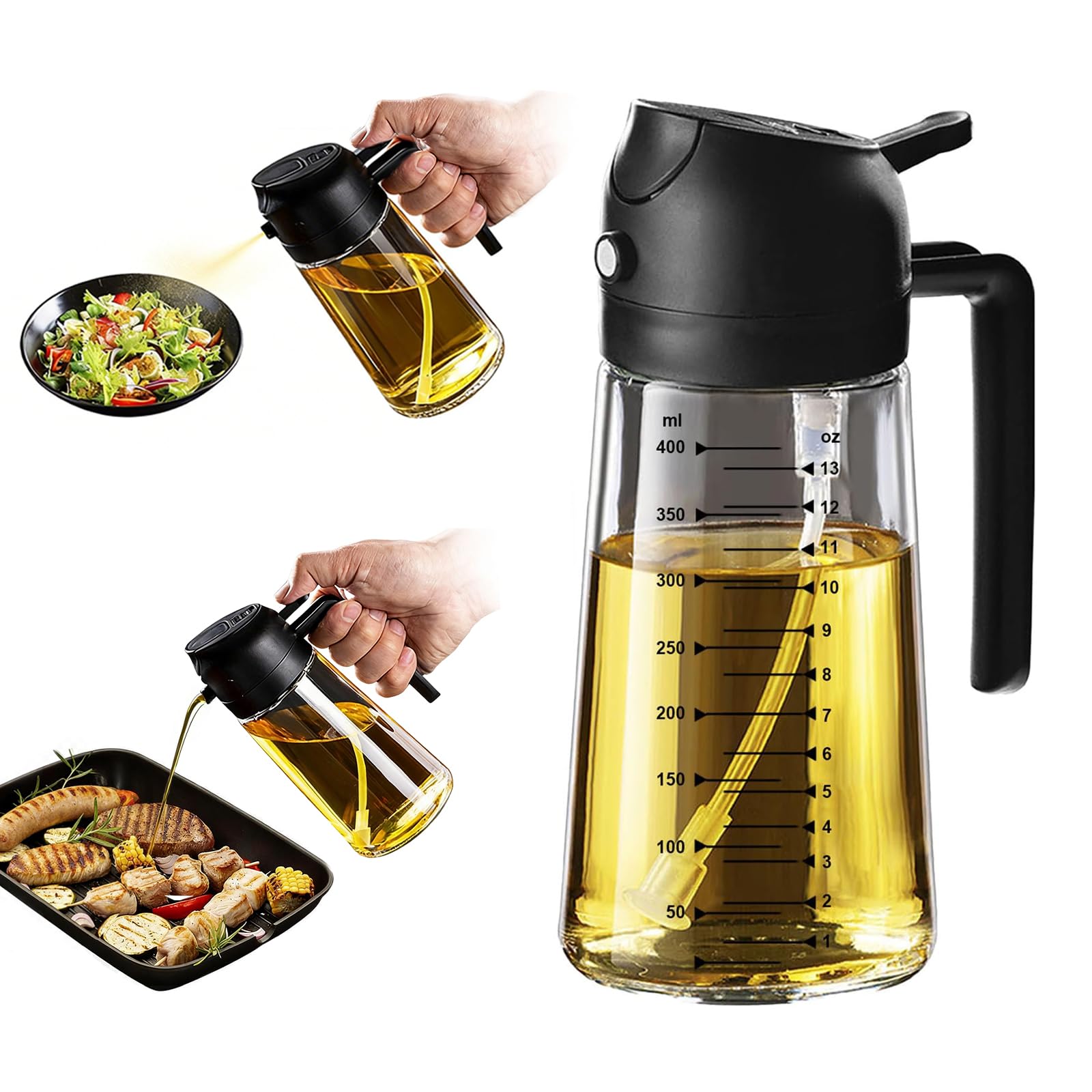 X&E 16oz/470ml Glass Olive Oil Sprayer for Cooking, 2 in 1 Olive Oil Dispenser Bottle, Food Grade Oil Mister for Kitchen Gadgets, Air Fryer Accessories, Salad & BBQ – Black