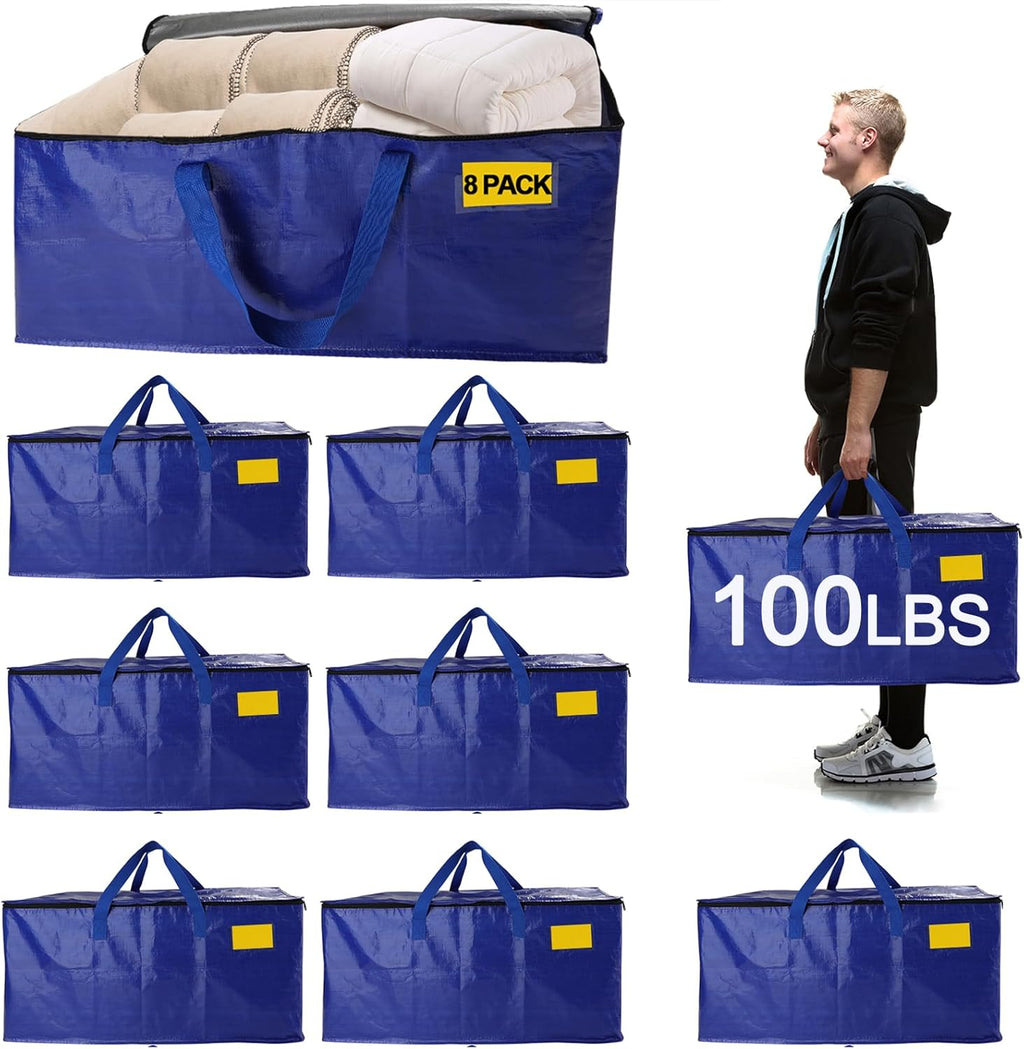 Skiennix 8 Pack Waterproof Moving Bags - Heavy Duty 100lb Capacity Totes for Packing & Storage | 95L, Blue