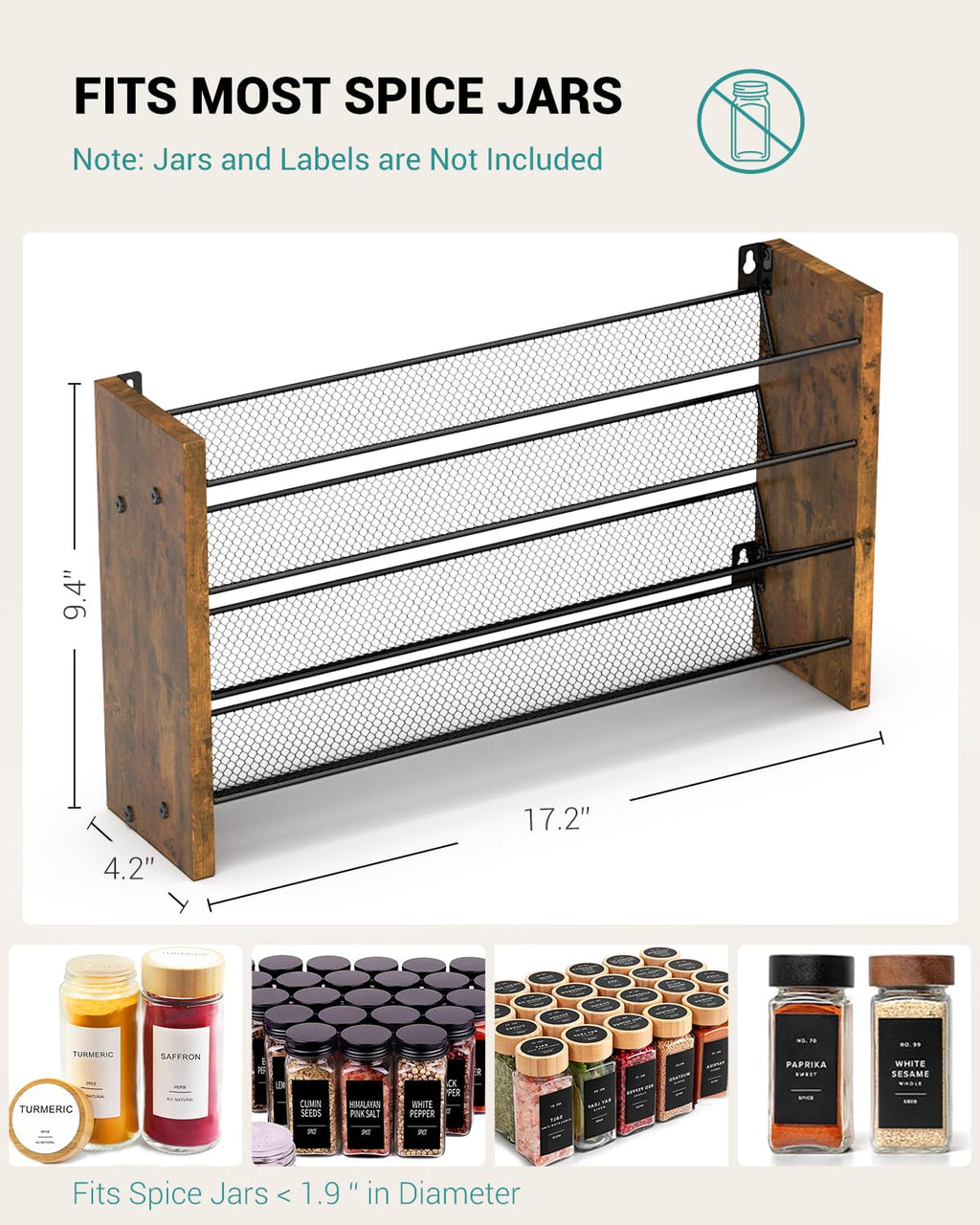 NESAPTO Spice Rack Organizer for Cabinet, Wood 4-Tier Vertical Seasoning Organizer, Wall Mount or Countertop Spice Shelf, Holds 36 Jars (No Jars Included), 17.2" W x 9.4" H