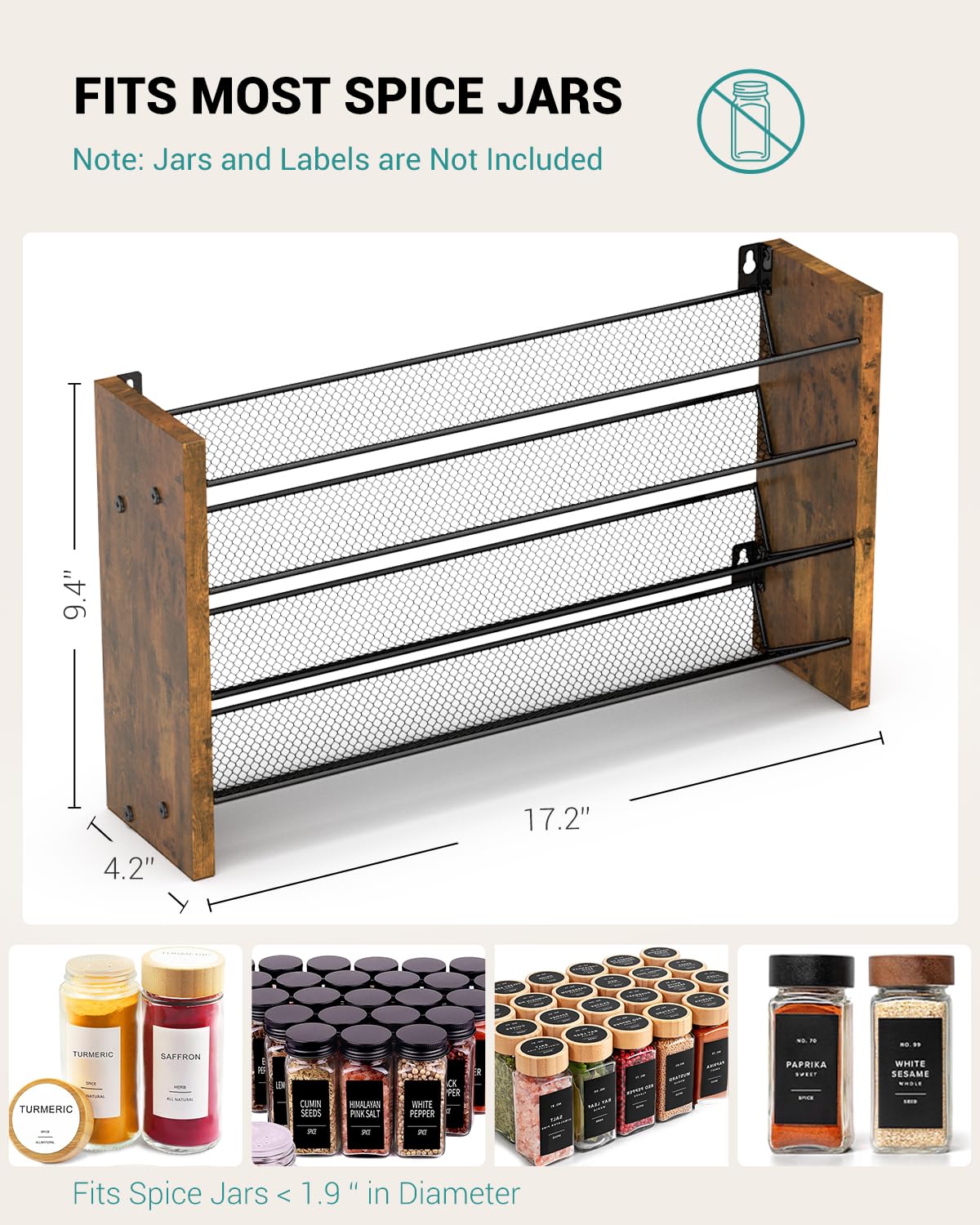 NESAPTO Spice Rack Organizer for Cabinet, Wood 4-Tier Vertical Seasoning Organizer, Wall Mount or Countertop Spice Shelf, Holds 36 Jars (No Jars Included), 17.2" W x 9.4" H
