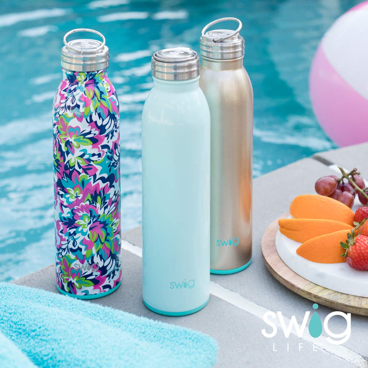 Swig Life 20oz Triple Insulated Stainless Steel Water Bottle with Ring Flip Handle, Dishwasher Safe, Double Wall, & Vacuum Sealed Reusable Water Tumbler (Indigo Isles)