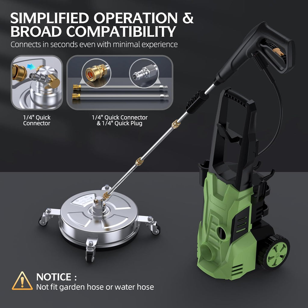 Pressure Washer Surface Cleaner - 14" 4500 PSI | Durable 304 Stainless Steel, 4 Wheels & 2 Wands
