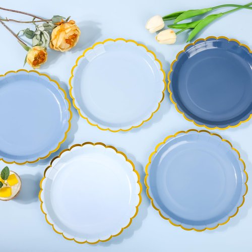 AimFun 48 Pcs Dusty Blue Scalloped Party Plates Gold Foil Border Paper Plates Disposable 9inch Gradient Serving Plates for Birthday Wedding Bridal Baby Shower Party Supplies