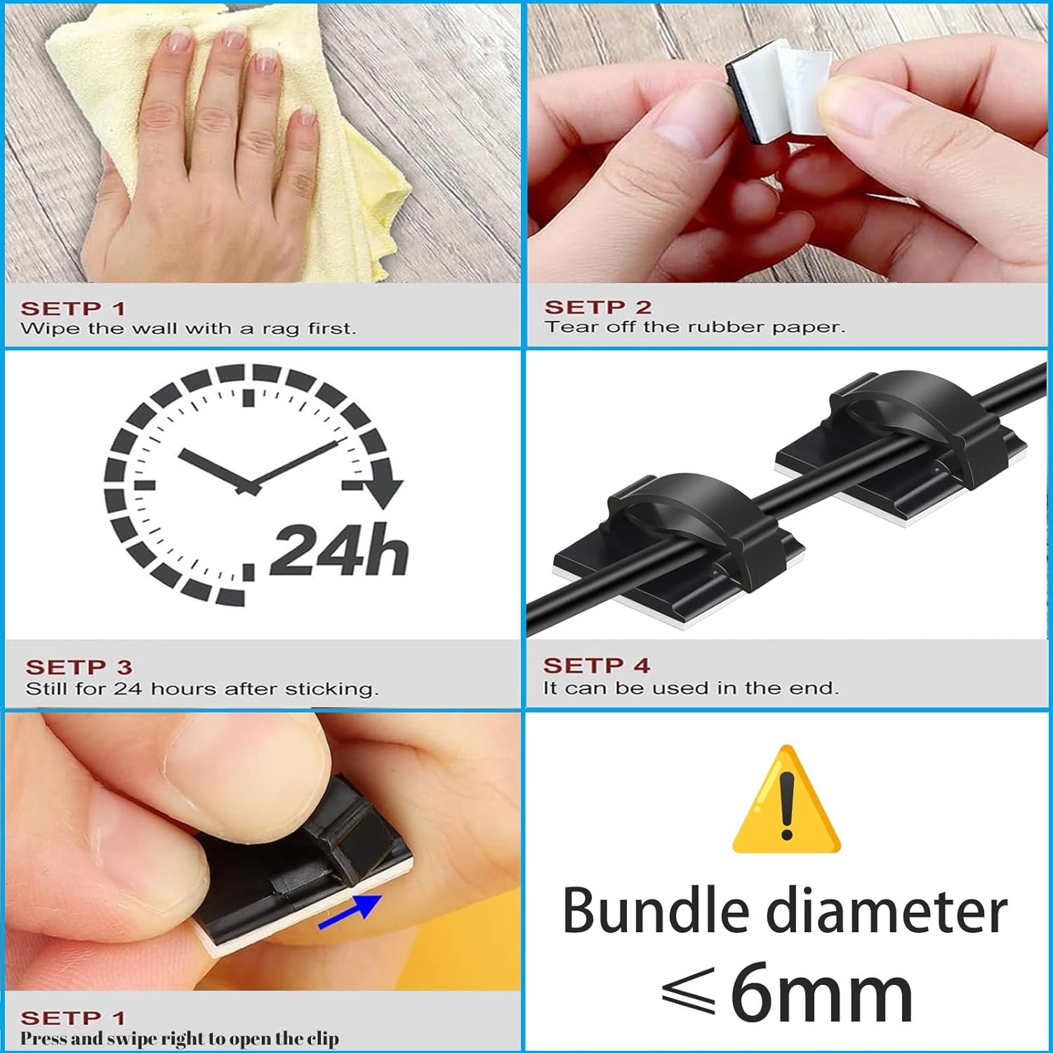 Adhesive Cable Holder Clips - 50 Pcs Black Wire Management for Cables Up to 6mm | Ideal for Home, Office & Car